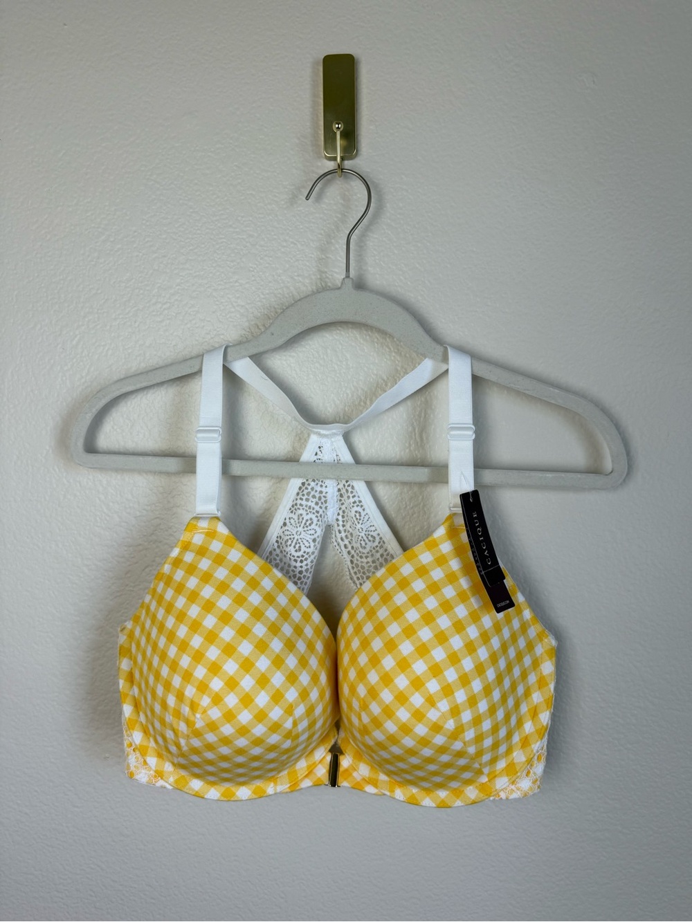 Cacique Bra Womens 38DDD Yellow Gingham Lace Plunge Cleavage Push Up Sweetheart